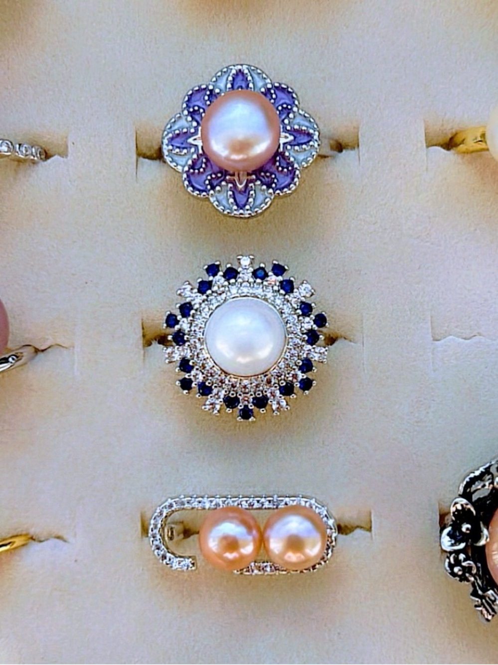 Real Pearl Cocktail Rings | Sterling Silver | Adjustable | Pink | White | Blue